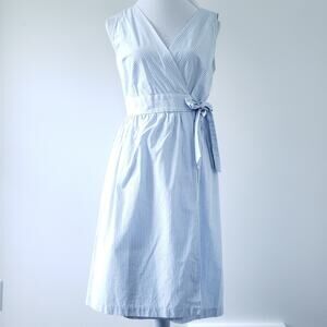 Helen Wang NY Blue White Pinstripe Summer Dress 6 Sleeveless, Surplice, Wrap